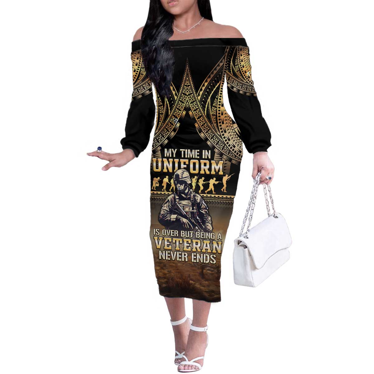 Polynesia Veterans Day Family Matching Off The Shoulder Long Sleeve Dress and Hawaiian Shirt Thank You Veterans Polynesian Pattern LT05 Mom's Dress Gold - Polynesian Pride