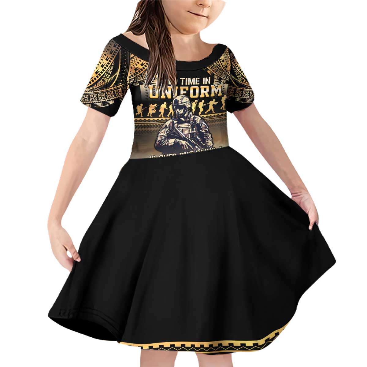 Polynesia Veterans Day Family Matching Off Shoulder Short Dress and Hawaiian Shirt Thank You Veterans Polynesian Pattern LT05 Daughter's Dress Gold - Polynesian Pride