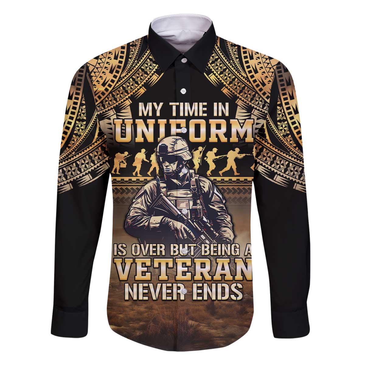 Polynesia Veterans Day Family Matching Off Shoulder Short Dress and Hawaiian Shirt Thank You Veterans Polynesian Pattern LT05 Dad's Shirt - Long Sleeve Gold - Polynesian Pride