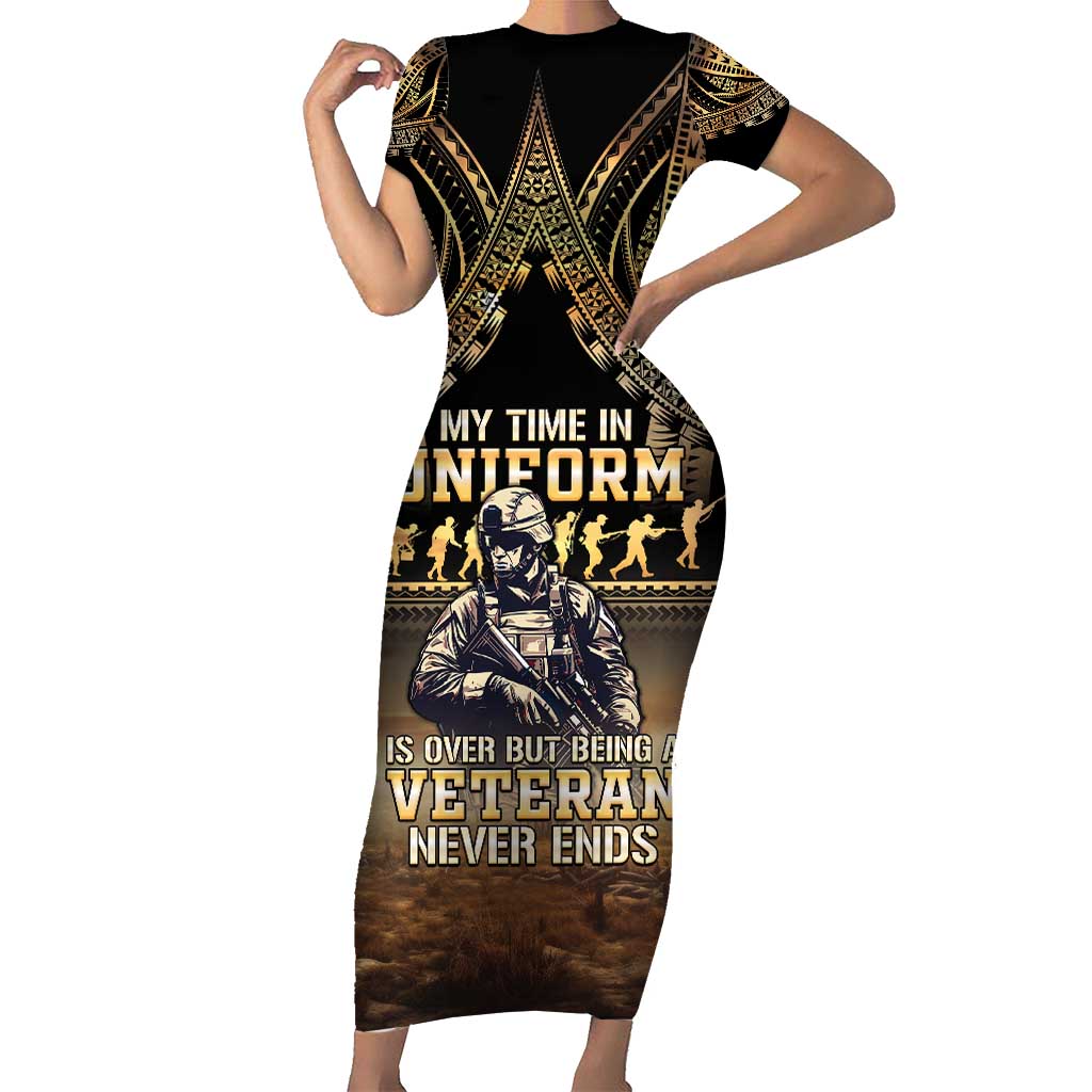 Polynesia Veterans Day Family Matching Short Sleeve Bodycon Dress and Hawaiian Shirt Thank You Veterans Polynesian Pattern LT05 Mom's Dress Gold - Polynesian Pride