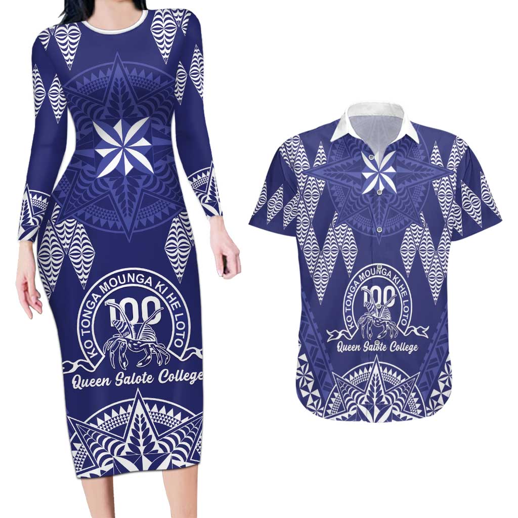 Personalised Queen Salote College Centenary Couples Matching Long Sleeve Bodycon Dress and Hawaiian Shirt Tongan Kupesi Pattern LT05 Navy - Polynesian Pride