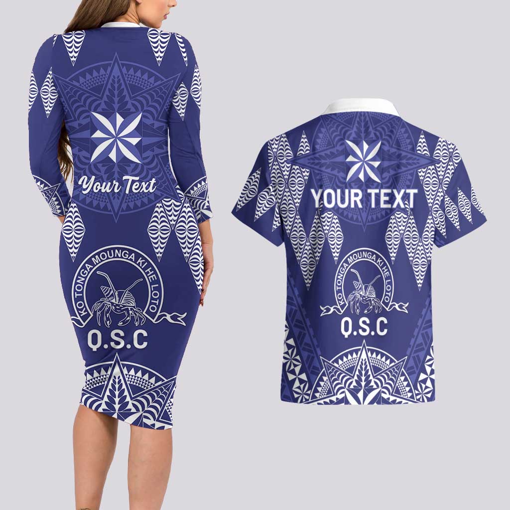 Personalised Queen Salote College Centenary Couples Matching Long Sleeve Bodycon Dress and Hawaiian Shirt Tongan Kupesi Pattern LT05 - Polynesian Pride