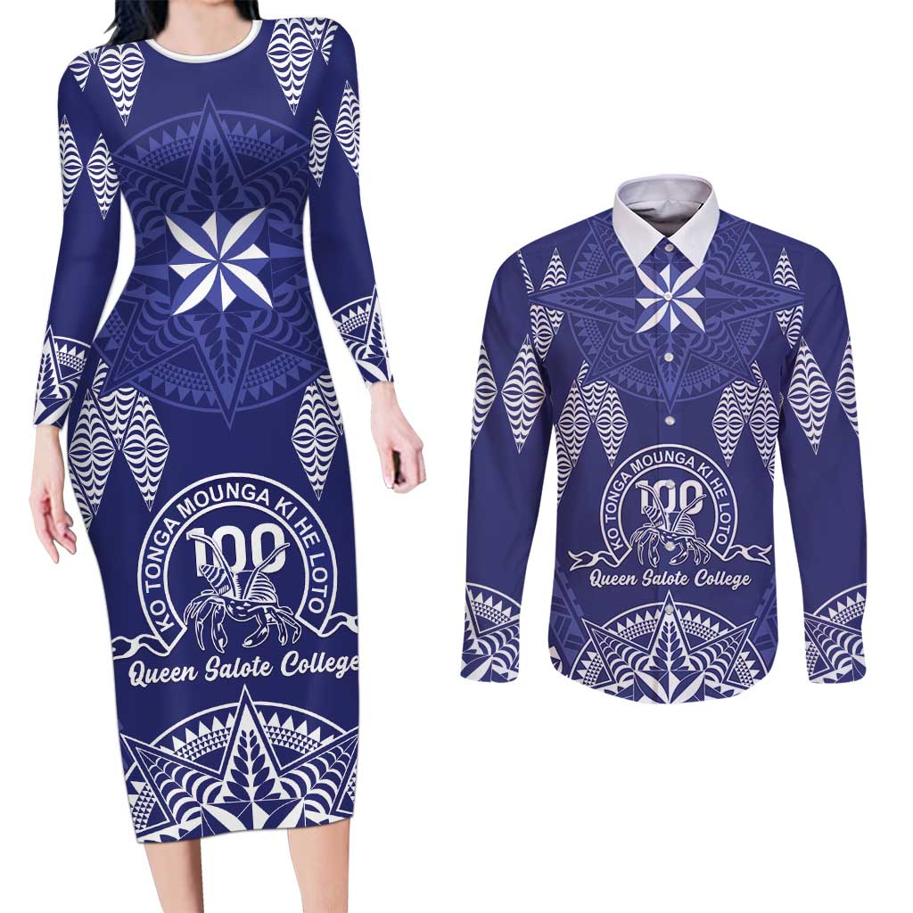 Personalised Queen Salote College Centenary Couples Matching Long Sleeve Bodycon Dress and Long Sleeve Button Shirt Tongan Kupesi Pattern LT05 Navy - Polynesian Pride
