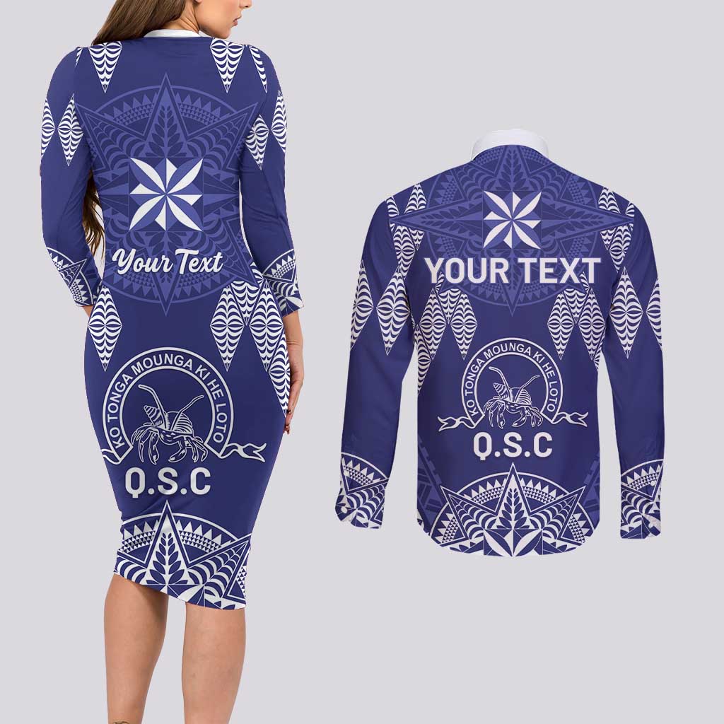 Personalised Queen Salote College Centenary Couples Matching Long Sleeve Bodycon Dress and Long Sleeve Button Shirt Tongan Kupesi Pattern LT05 - Polynesian Pride