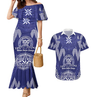 Personalised Queen Salote College Centenary Couples Matching Mermaid Dress and Hawaiian Shirt Tongan Kupesi Pattern LT05 Navy - Polynesian Pride