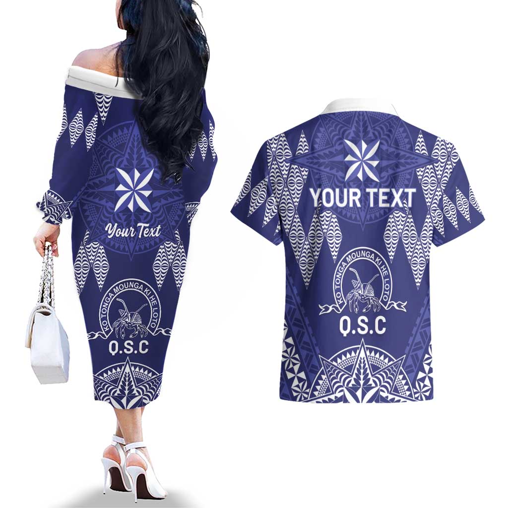 Personalised Queen Salote College Centenary Couples Matching Off The Shoulder Long Sleeve Dress and Hawaiian Shirt Tongan Kupesi Pattern LT05 - Polynesian Pride