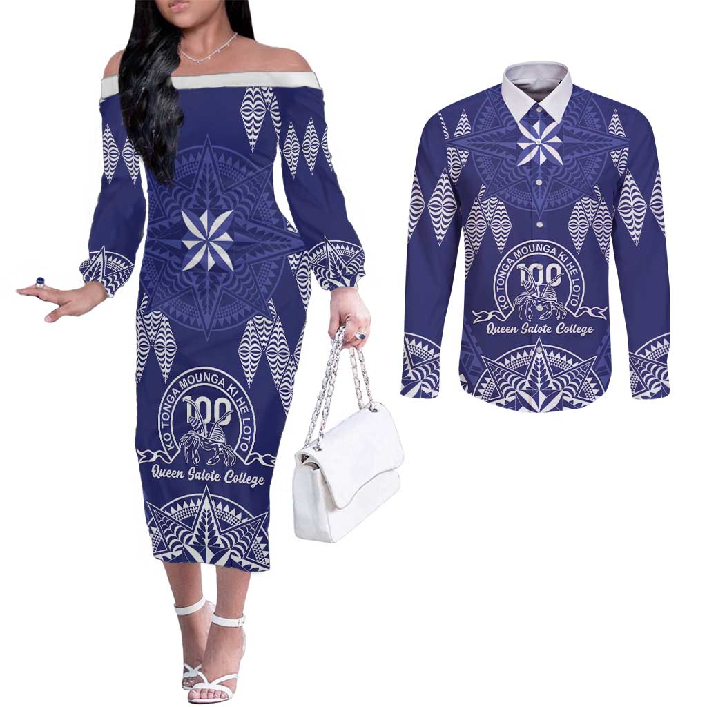 Personalised Queen Salote College Centenary Couples Matching Off The Shoulder Long Sleeve Dress and Long Sleeve Button Shirt Tongan Kupesi Pattern LT05 Navy - Polynesian Pride