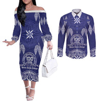 Personalised Queen Salote College Centenary Couples Matching Off The Shoulder Long Sleeve Dress and Long Sleeve Button Shirt Tongan Kupesi Pattern LT05 Navy - Polynesian Pride