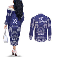 Personalised Queen Salote College Centenary Couples Matching Off The Shoulder Long Sleeve Dress and Long Sleeve Button Shirt Tongan Kupesi Pattern LT05 - Polynesian Pride