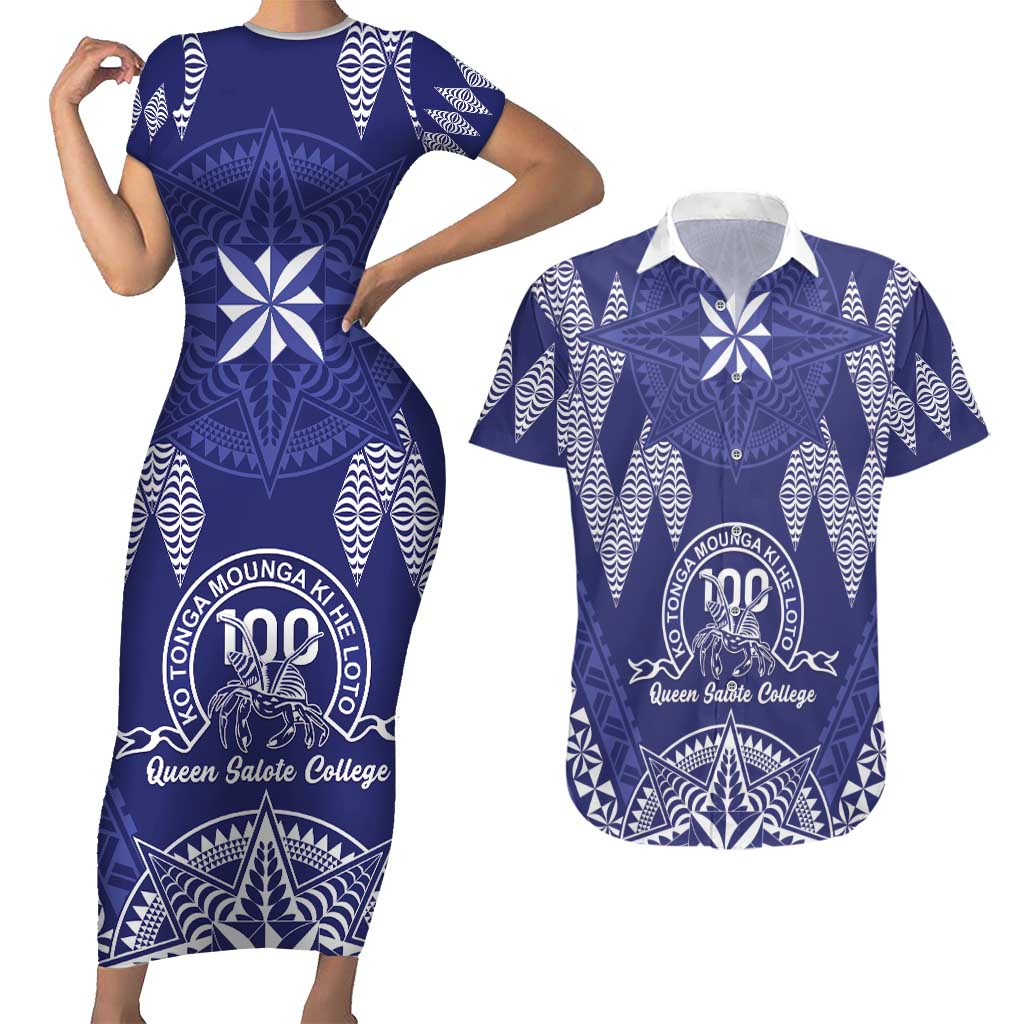 Personalised Queen Salote College Centenary Couples Matching Short Sleeve Bodycon Dress and Hawaiian Shirt Tongan Kupesi Pattern LT05 Navy - Polynesian Pride
