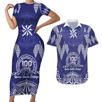 Personalised Queen Salote College Centenary Couples Matching Short Sleeve Bodycon Dress and Hawaiian Shirt Tongan Kupesi Pattern LT05 Navy - Polynesian Pride