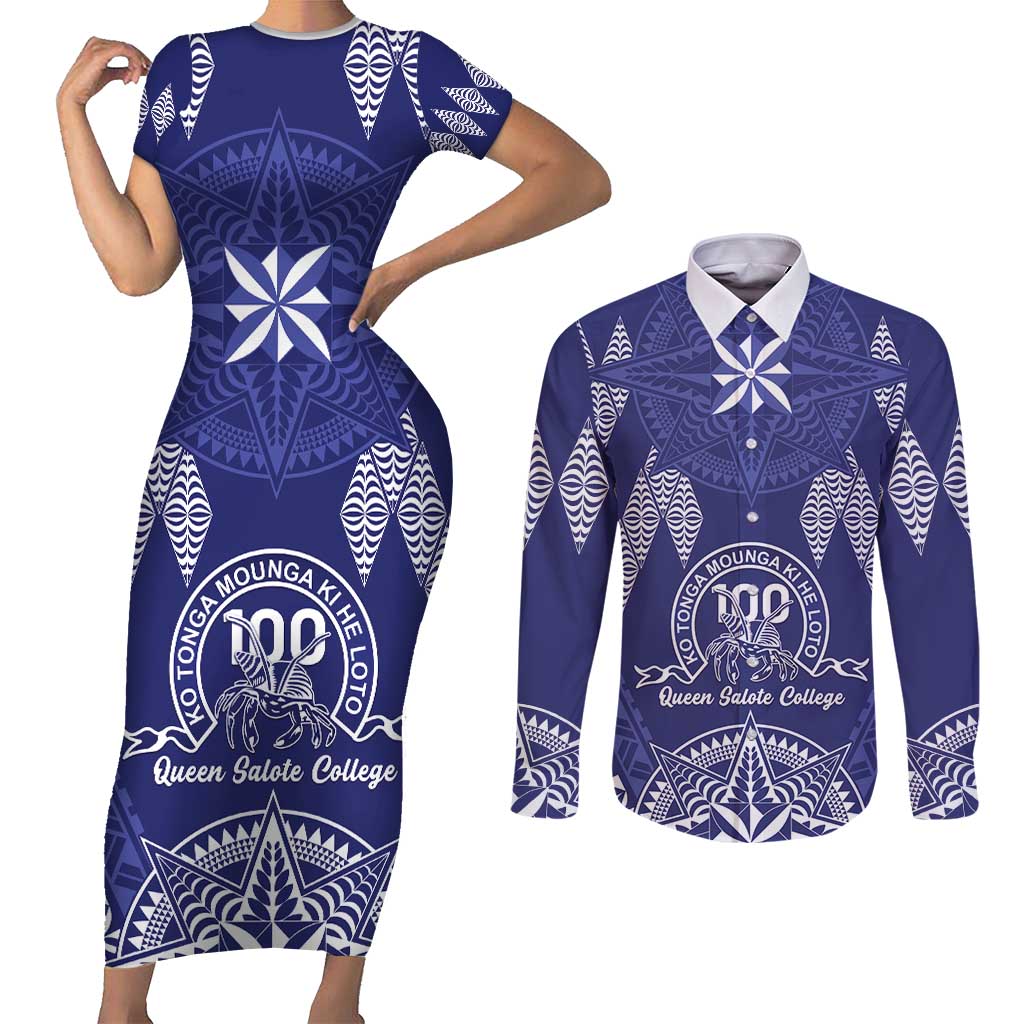Personalised Queen Salote College Centenary Couples Matching Short Sleeve Bodycon Dress and Long Sleeve Button Shirt Tongan Kupesi Pattern LT05 Navy - Polynesian Pride