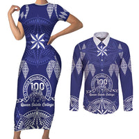Personalised Queen Salote College Centenary Couples Matching Short Sleeve Bodycon Dress and Long Sleeve Button Shirt Tongan Kupesi Pattern LT05 Navy - Polynesian Pride
