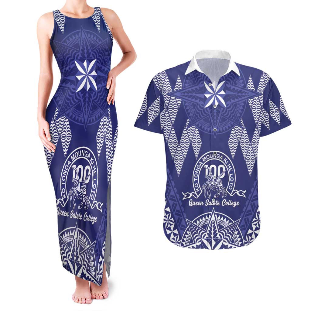 Personalised Queen Salote College Centenary Couples Matching Tank Maxi Dress and Hawaiian Shirt Tongan Kupesi Pattern LT05 Navy - Polynesian Pride