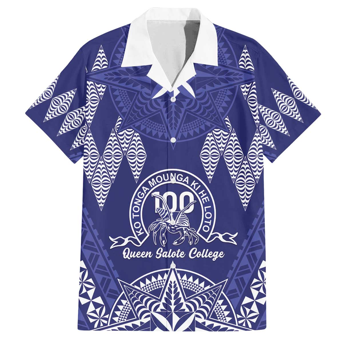 Personalised Queen Salote College Centenary Family Matching Off The Shoulder Long Sleeve Dress and Hawaiian Shirt Tongan Kupesi Pattern LT05 Dad's Shirt - Short Sleeve Navy - Polynesian Pride