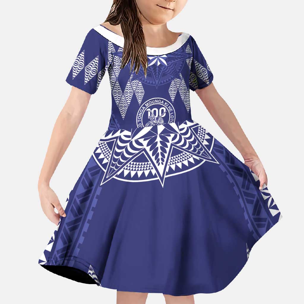 Personalised Queen Salote College Centenary Family Matching Off Shoulder Maxi Dress and Hawaiian Shirt Tongan Kupesi Pattern LT05 Daughter's Dress Navy - Polynesian Pride