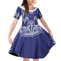 Personalised Queen Salote College Centenary Family Matching Off Shoulder Short Dress and Hawaiian Shirt Tongan Kupesi Pattern LT05 Daughter's Dress Navy - Polynesian Pride