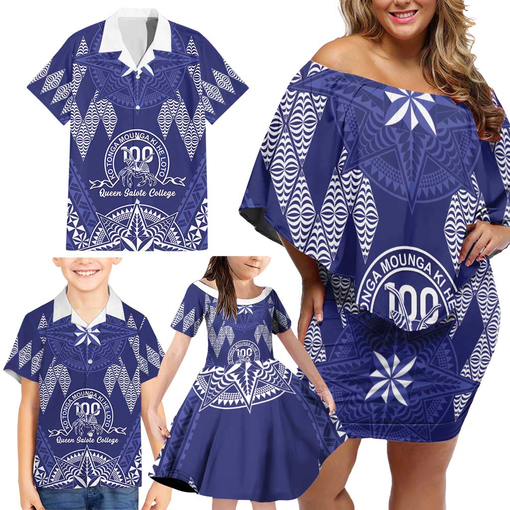 Personalised Queen Salote College Centenary Family Matching Off Shoulder Short Dress and Hawaiian Shirt Tongan Kupesi Pattern LT05 - Polynesian Pride
