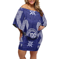Personalised Queen Salote College Centenary Family Matching Off Shoulder Short Dress and Hawaiian Shirt Tongan Kupesi Pattern LT05 Mom's Dress Navy - Polynesian Pride