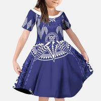 Personalised Queen Salote College Centenary Family Matching Puletasi and Hawaiian Shirt Tongan Kupesi Pattern LT05 Daughter's Dress Navy - Polynesian Pride