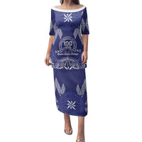 Personalised Queen Salote College Centenary Family Matching Puletasi and Hawaiian Shirt Tongan Kupesi Pattern LT05 Mom's Dress Navy - Polynesian Pride
