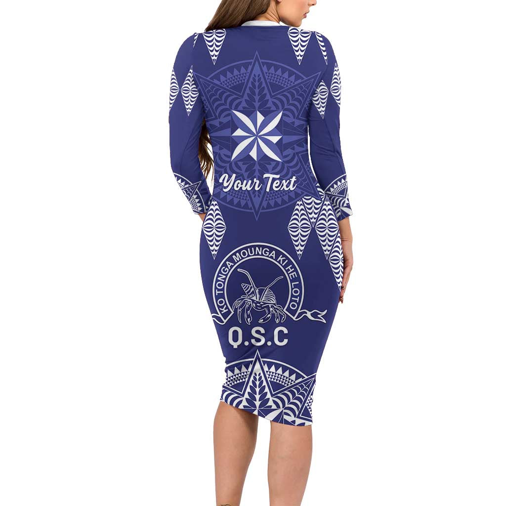 Personalised Queen Salote College Centenary Long Sleeve Bodycon Dress Tongan Kupesi Pattern - Polynesian Pride