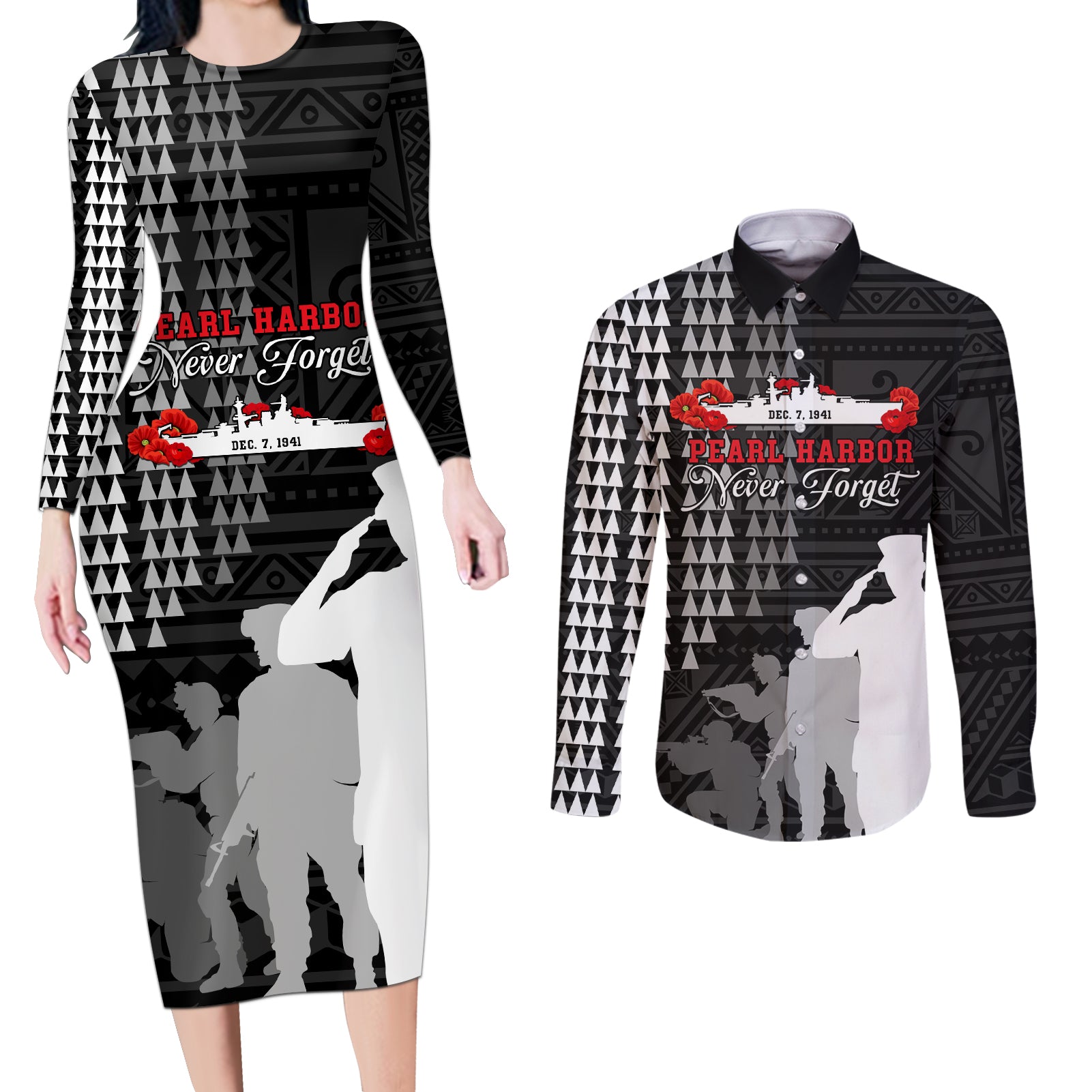 Pearl Harbor Remembrance Day Couples Matching Long Sleeve Bodycon Dress and Long Sleeve Button Shirt USS Arizona In Memory With Polynesian Pattern LT05 Black - Polynesian Pride