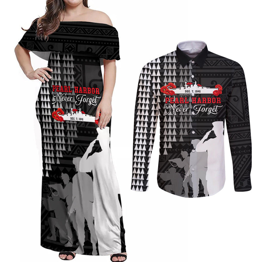 Pearl Harbor Remembrance Day Couples Matching Off Shoulder Maxi Dress and Long Sleeve Button Shirt USS Arizona In Memory With Polynesian Pattern LT05 Black - Polynesian Pride
