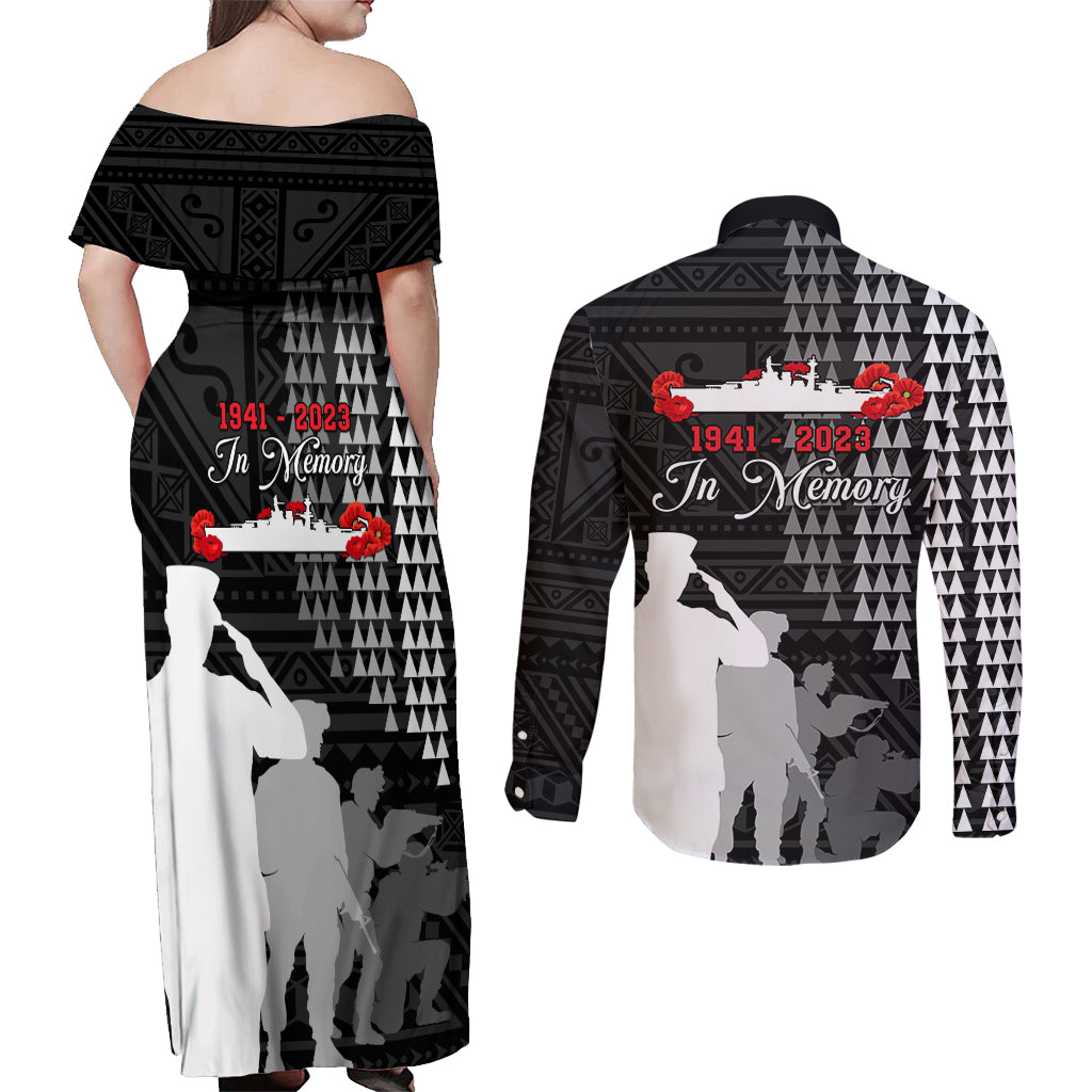 Pearl Harbor Remembrance Day Couples Matching Off Shoulder Maxi Dress and Long Sleeve Button Shirt USS Arizona In Memory With Polynesian Pattern LT05 - Polynesian Pride