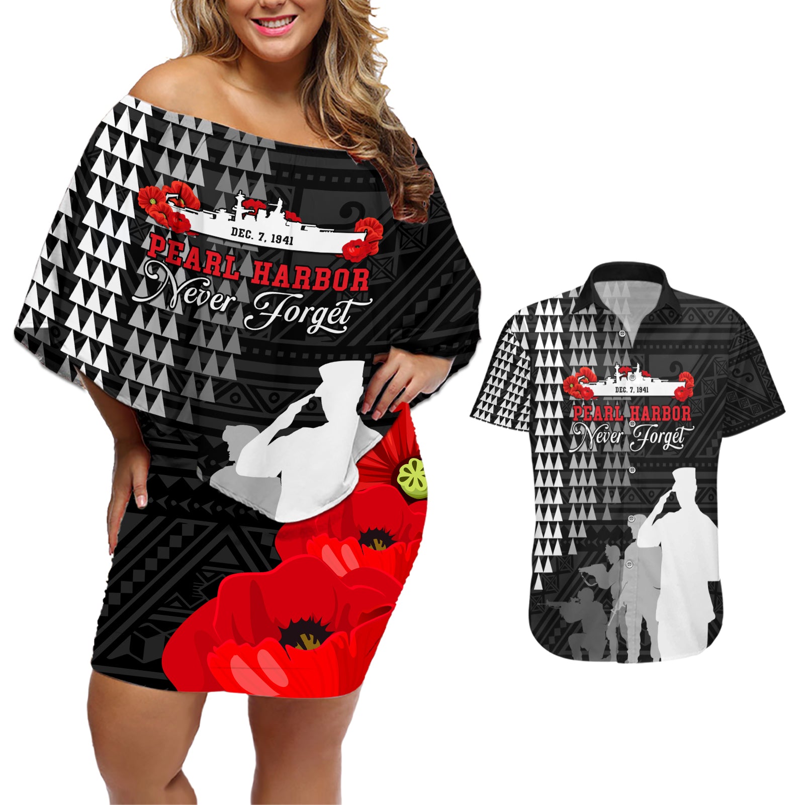Pearl Harbor Remembrance Day Couples Matching Off Shoulder Short Dress and Hawaiian Shirt USS Arizona In Memory With Polynesian Pattern LT05 Black - Polynesian Pride