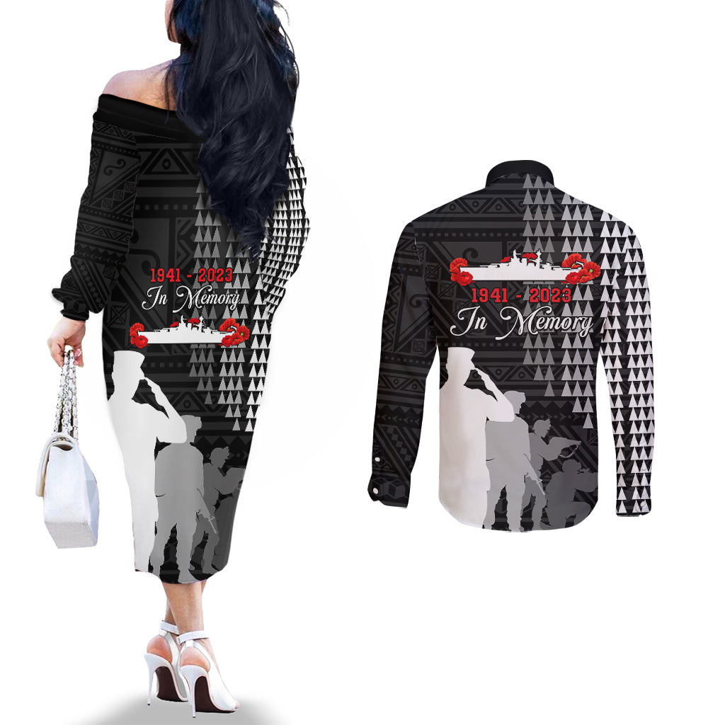 Pearl Harbor Remembrance Day Couples Matching Off The Shoulder Long Sleeve Dress and Long Sleeve Button Shirt USS Arizona In Memory With Polynesian Pattern LT05 - Polynesian Pride