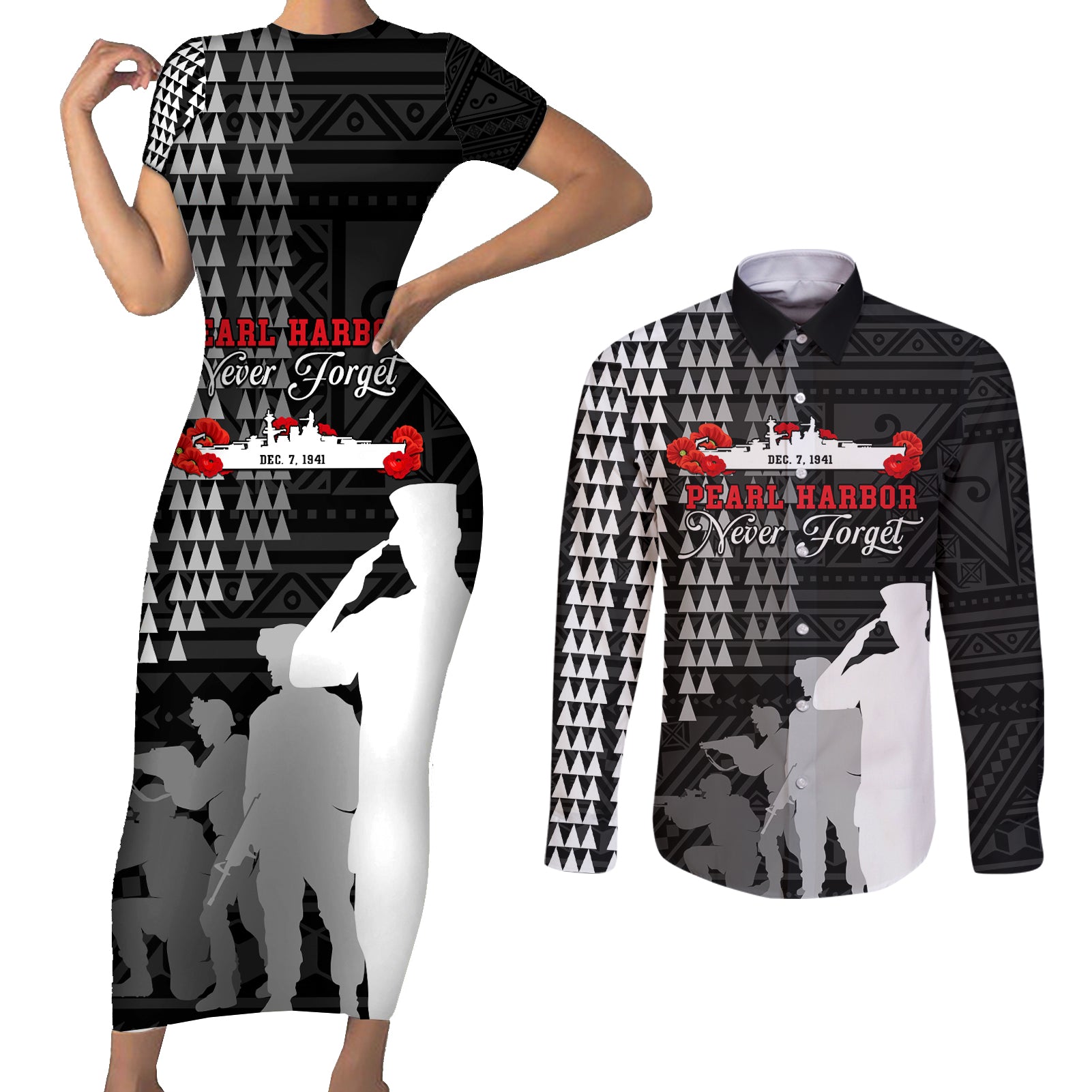Pearl Harbor Remembrance Day Couples Matching Short Sleeve Bodycon Dress and Long Sleeve Button Shirt USS Arizona In Memory With Polynesian Pattern LT05 Black - Polynesian Pride