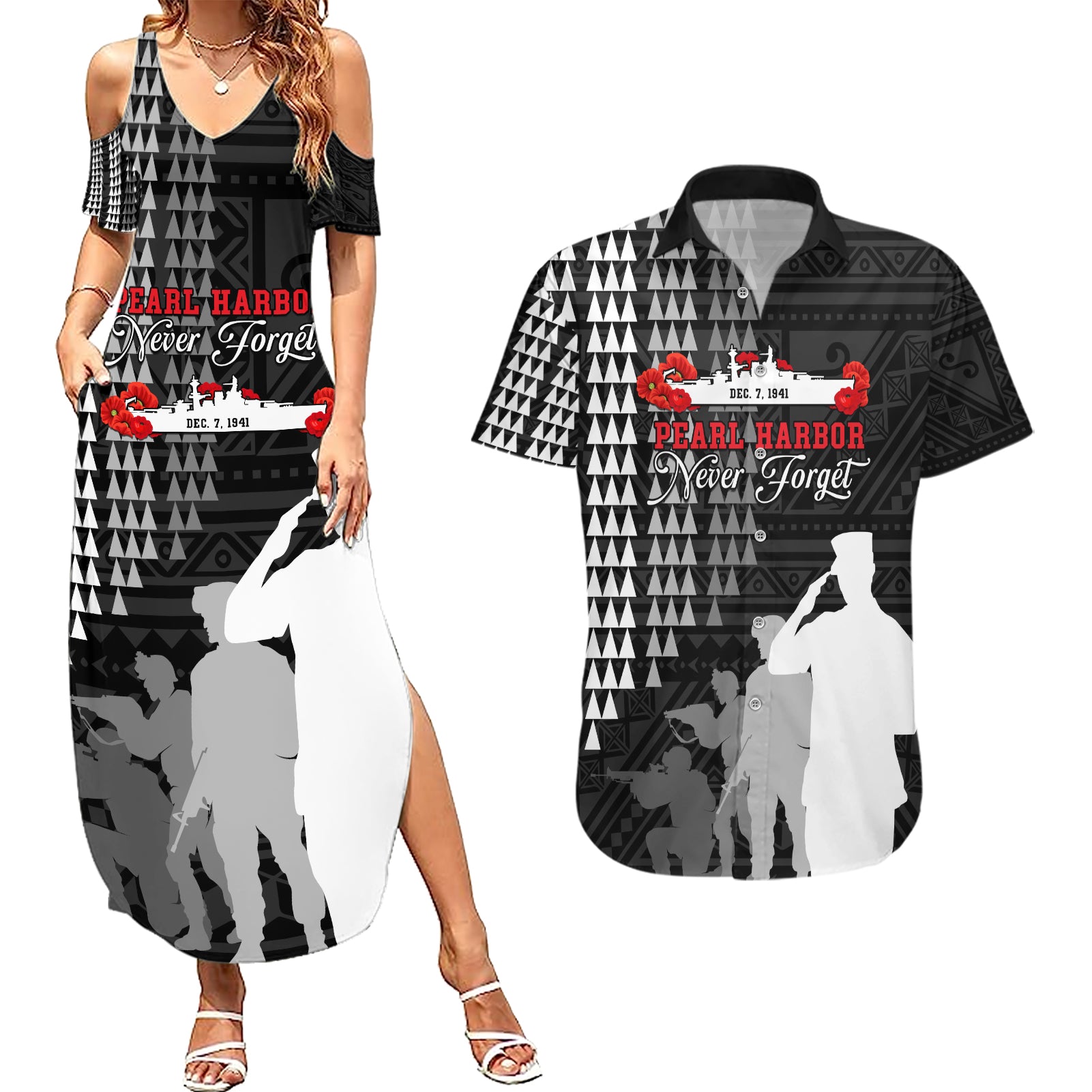 Pearl Harbor Remembrance Day Couples Matching Summer Maxi Dress and Hawaiian Shirt USS Arizona In Memory With Polynesian Pattern LT05 Black - Polynesian Pride