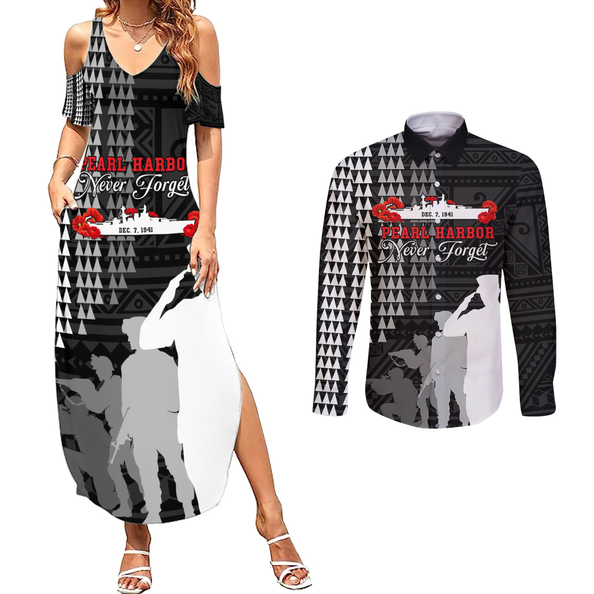 Pearl Harbor Remembrance Day Couples Matching Summer Maxi Dress and Long Sleeve Button Shirt USS Arizona In Memory With Polynesian Pattern LT05 Black - Polynesian Pride