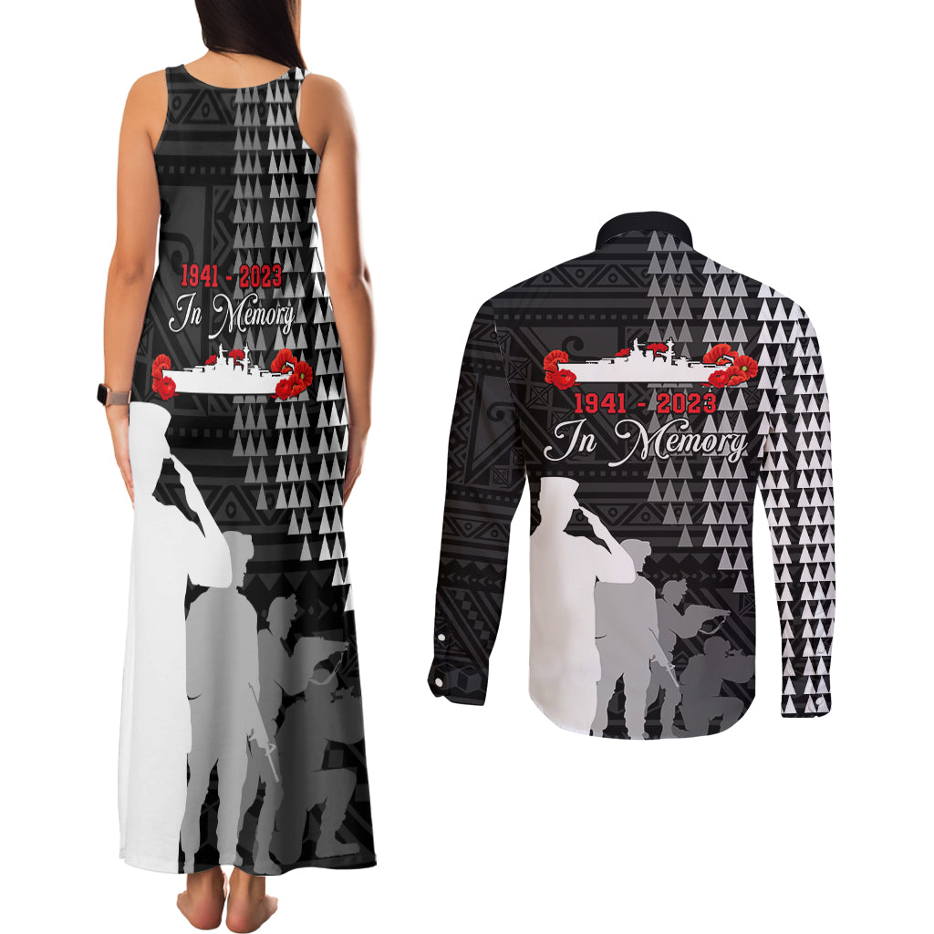 Pearl Harbor Remembrance Day Couples Matching Tank Maxi Dress and Long Sleeve Button Shirt USS Arizona In Memory With Polynesian Pattern LT05 - Polynesian Pride