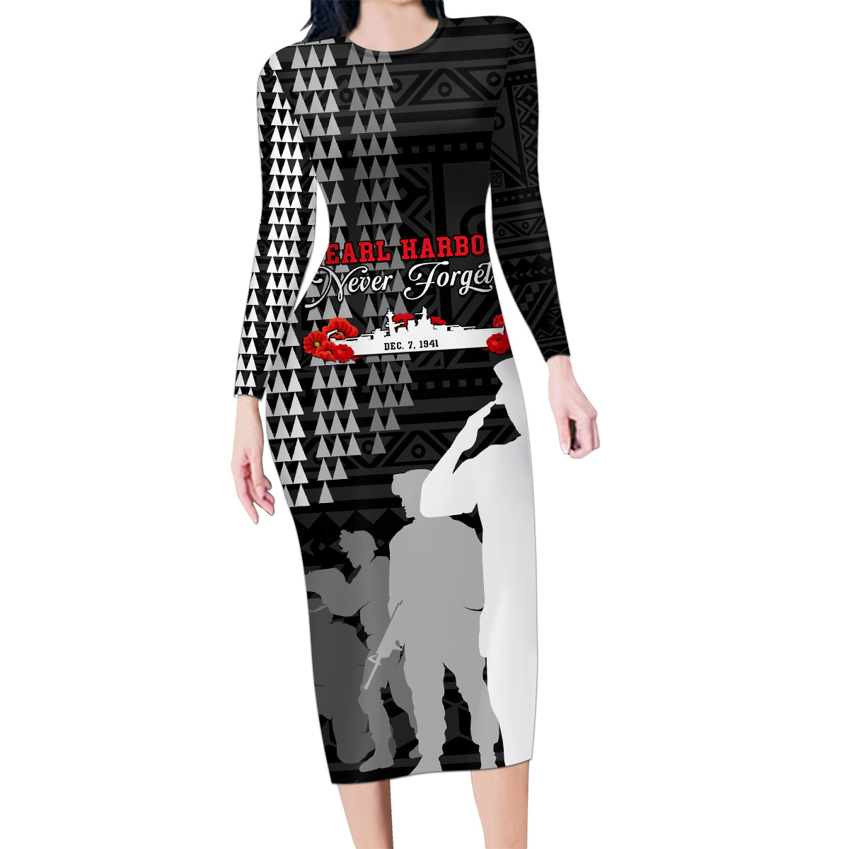 Pearl Harbor Remembrance Day Family Matching Long Sleeve Bodycon Dress and Hawaiian Shirt USS Arizona In Memory With Polynesian Pattern LT05 Mom's Dress Black - Polynesian Pride