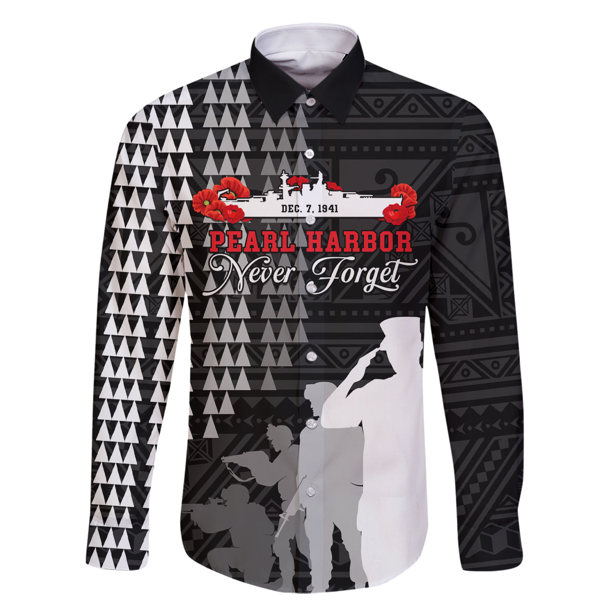 Pearl Harbor Remembrance Day Family Matching Off Shoulder Long Sleeve Dress and Hawaiian Shirt USS Arizona In Memory With Polynesian Pattern LT05 Dad's Shirt - Long Sleeve Black - Polynesian Pride