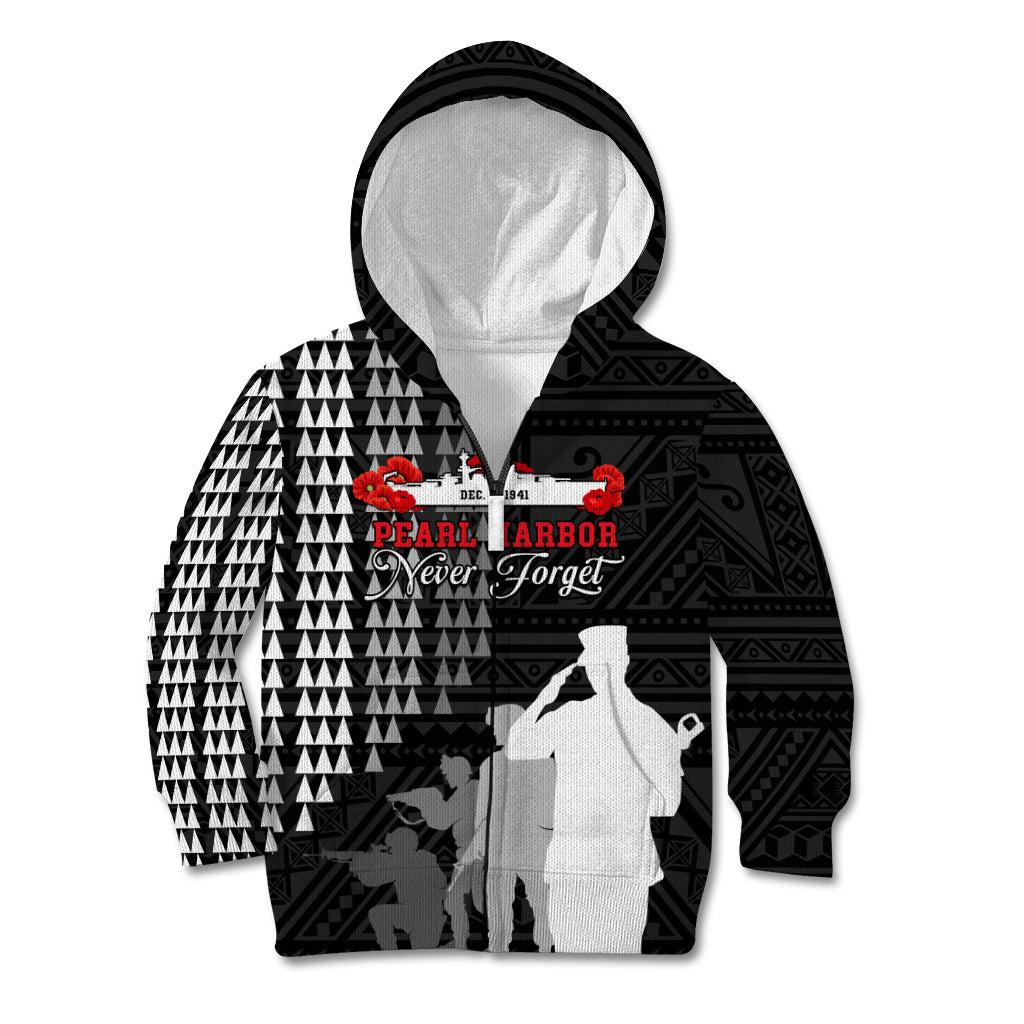 Pearl Harbor Remembrance Day Kid Hoodie USS Arizona In Memory With Polynesian Pattern LT05 Zip Hoodie Black - Polynesian Pride