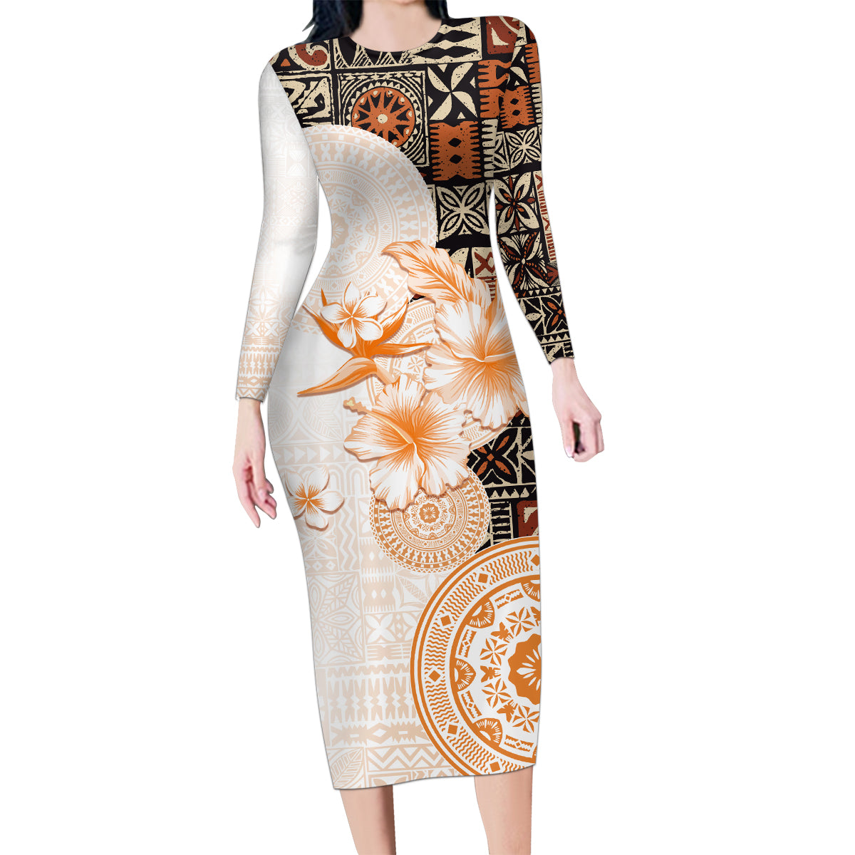 Fiji Family Matching Long Sleeve Bodycon Dress and Hawaiian Shirt Masi Tapa Pattern Brown LT05 Mom's Dress Brown - Polynesian Pride