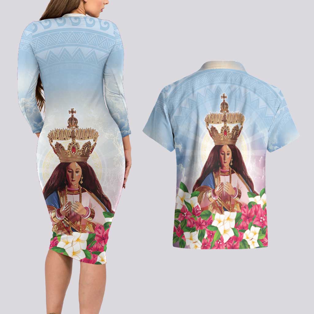 Guam Patroness Couples Matching Long Sleeve Bodycon Dress and Hawaiian Shirt The Legend Santa Marian Kamalen LT05 - Polynesian Pride