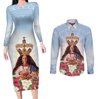 Guam Patroness Couples Matching Long Sleeve Bodycon Dress and Long Sleeve Button Shirt The Legend Santa Marian Kamalen LT05 Blue - Polynesian Pride