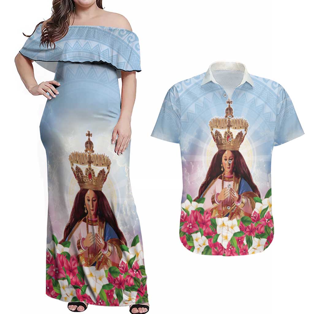 Guam Patroness Couples Matching Off Shoulder Maxi Dress and Hawaiian Shirt The Legend Santa Marian Kamalen LT05 Blue - Polynesian Pride