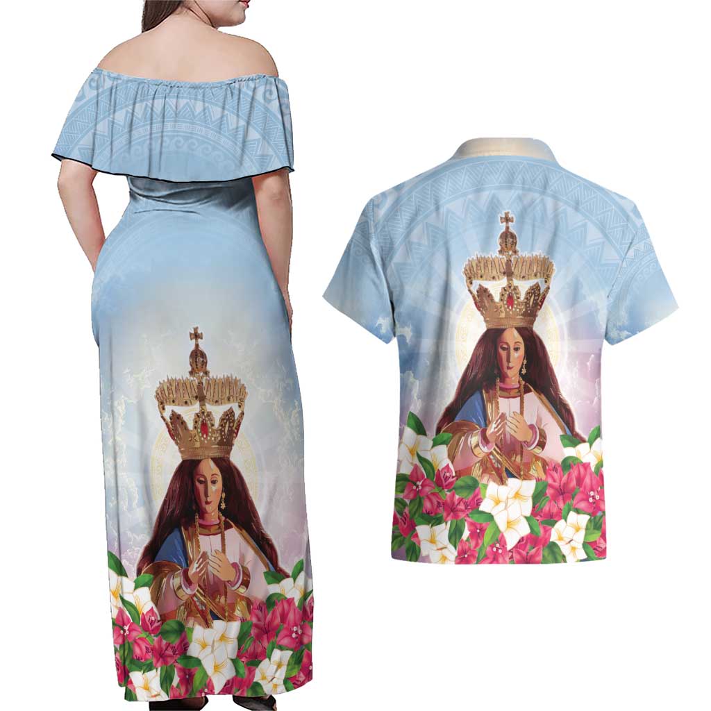 Guam Patroness Couples Matching Off Shoulder Maxi Dress and Hawaiian Shirt The Legend Santa Marian Kamalen LT05 - Polynesian Pride