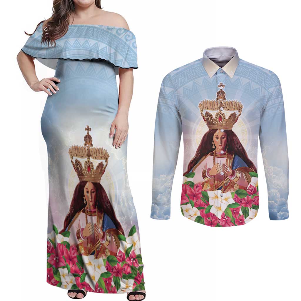 Guam Patroness Couples Matching Off Shoulder Maxi Dress and Long Sleeve Button Shirt The Legend Santa Marian Kamalen LT05 Blue - Polynesian Pride