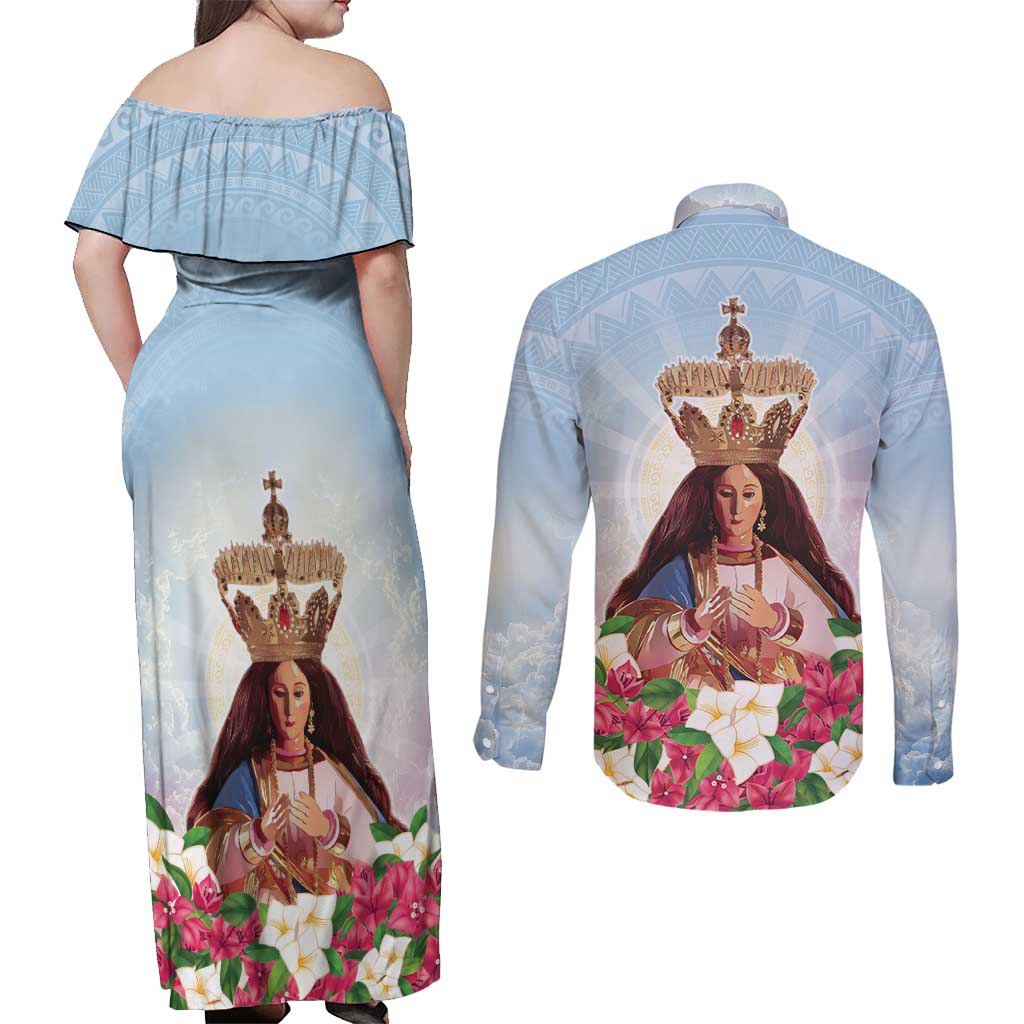Guam Patroness Couples Matching Off Shoulder Maxi Dress and Long Sleeve Button Shirt The Legend Santa Marian Kamalen LT05 - Polynesian Pride
