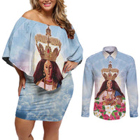 Guam Patroness Couples Matching Off Shoulder Short Dress and Long Sleeve Button Shirt The Legend Santa Marian Kamalen LT05 Blue - Polynesian Pride