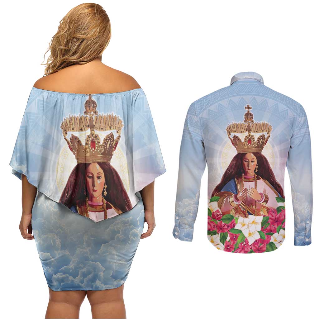 Guam Patroness Couples Matching Off Shoulder Short Dress and Long Sleeve Button Shirt The Legend Santa Marian Kamalen LT05 - Polynesian Pride