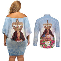 Guam Patroness Couples Matching Off Shoulder Short Dress and Long Sleeve Button Shirt The Legend Santa Marian Kamalen LT05 - Polynesian Pride