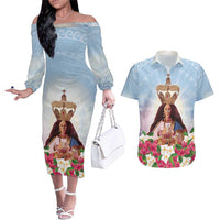 Guam Patroness Couples Matching Off The Shoulder Long Sleeve Dress and Hawaiian Shirt The Legend Santa Marian Kamalen LT05 Blue - Polynesian Pride