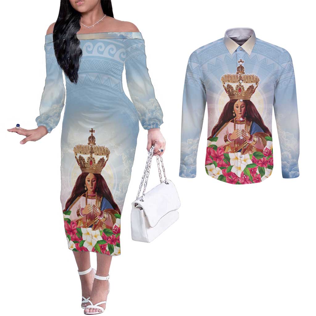 Guam Patroness Couples Matching Off The Shoulder Long Sleeve Dress and Long Sleeve Button Shirt The Legend Santa Marian Kamalen LT05 Blue - Polynesian Pride